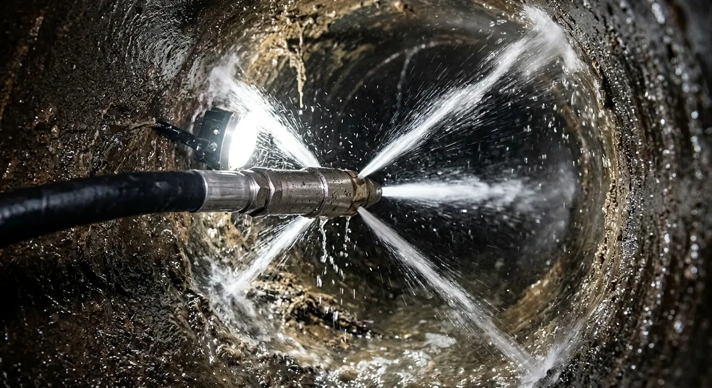 High-pressure hydro jetting nozzle cleaning sewer pipe for Trenchless Sewer Repair in Waynesboro