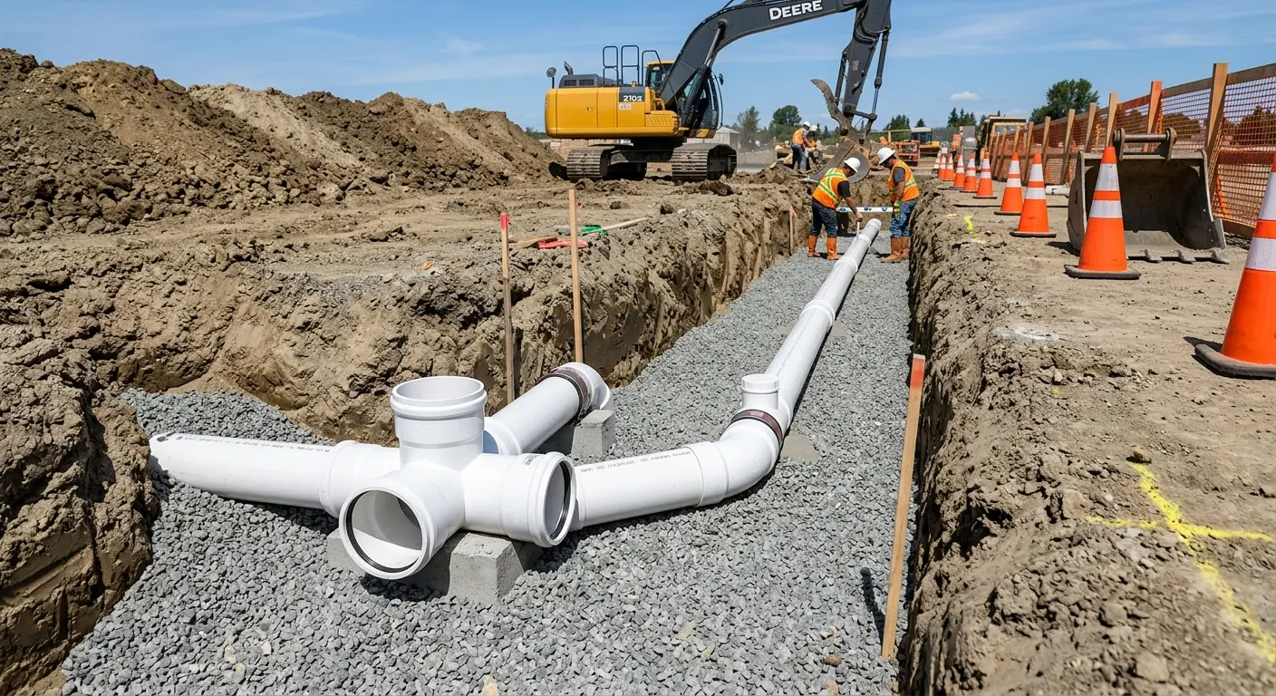 New PVC sewer pipe installation in open trench for Grease Trap Cleaning in Waynesboro