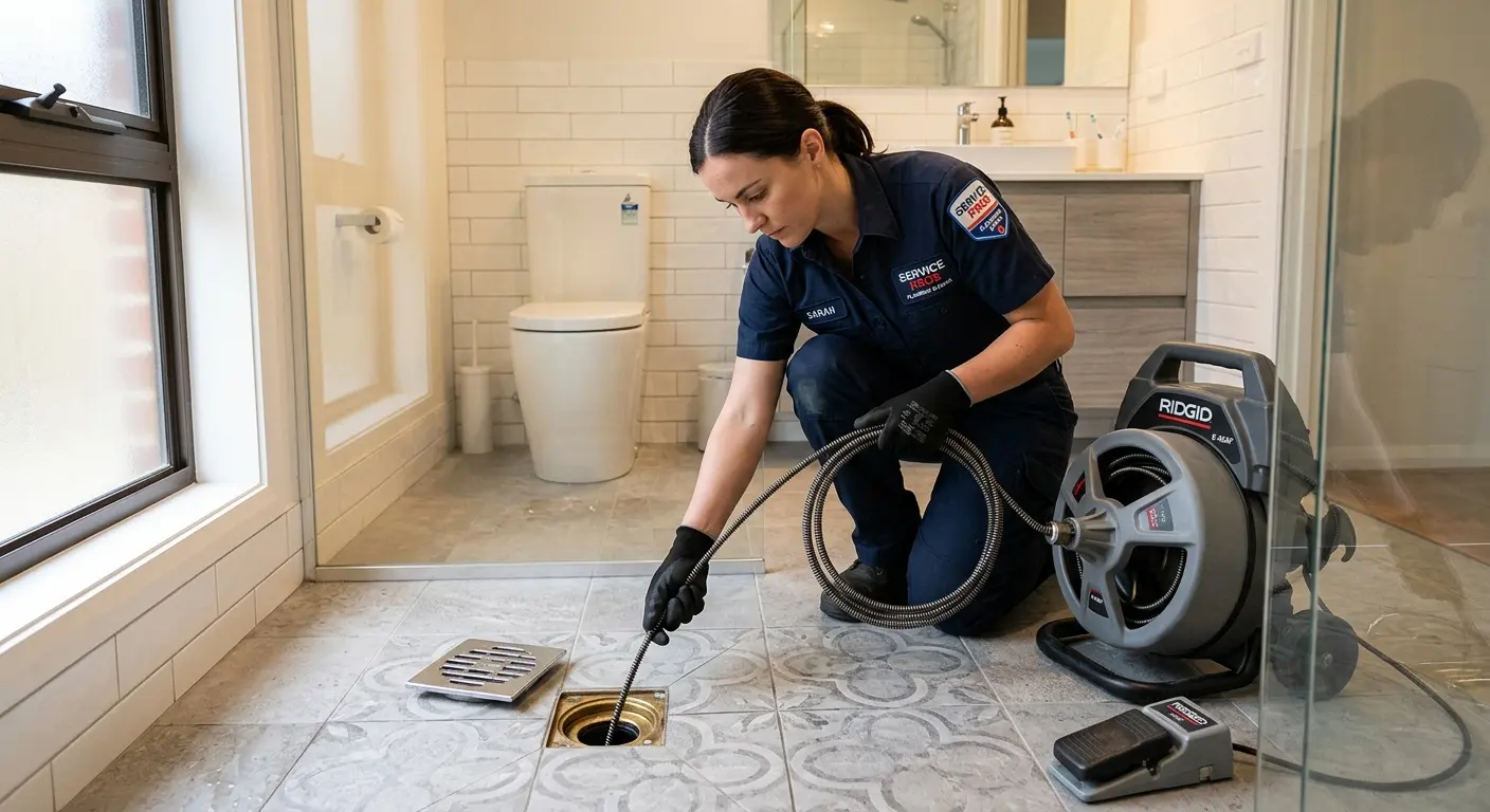 Technician clearing a bathroom floor drain for Sewer Line Replacement in Waynesboro